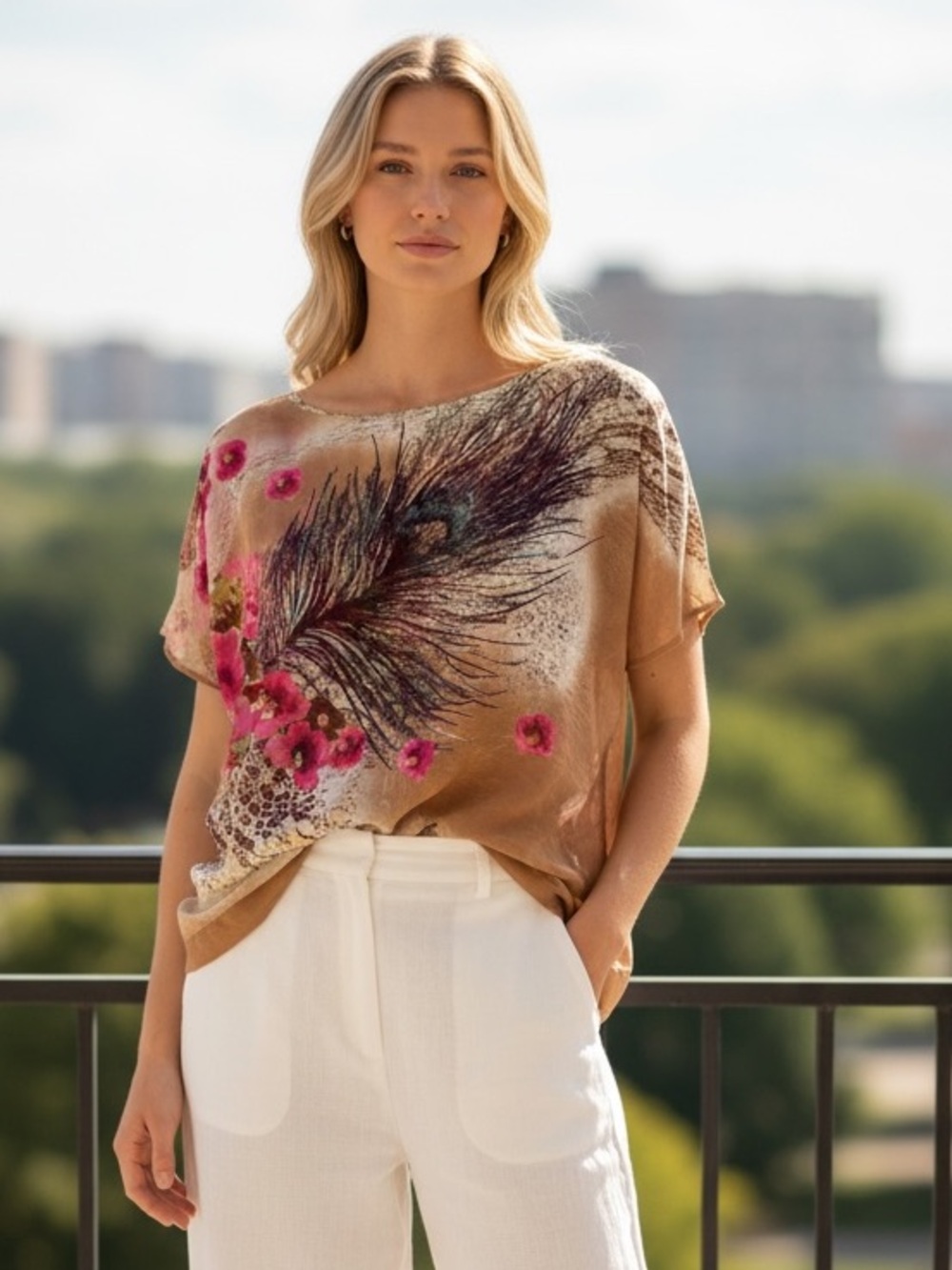 Floral & Feather Sheer Blouse Watercolors XS